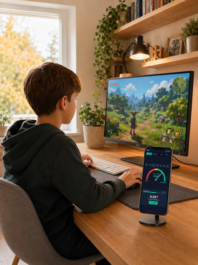Child at a desk playing on a computer, with a smartphone next to it showing the Kontingent timer and the remaining screen time.